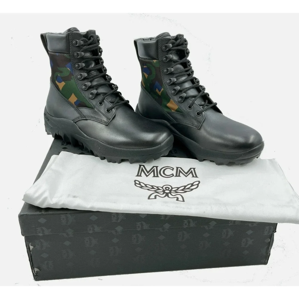 MCM Men's Black Leather Camo Nylon RESNICK Combat Boots‎ Shoes 9AMM80, SZ. 42